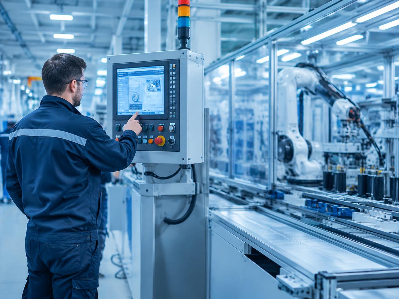 Profissional operando painel de controle em linha de produção automatizada